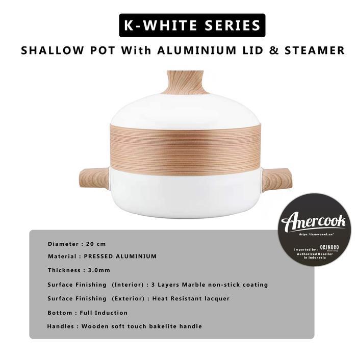 Amercook Steamer & Shallow Pot With Aluminium Lid 20cm K-White Series