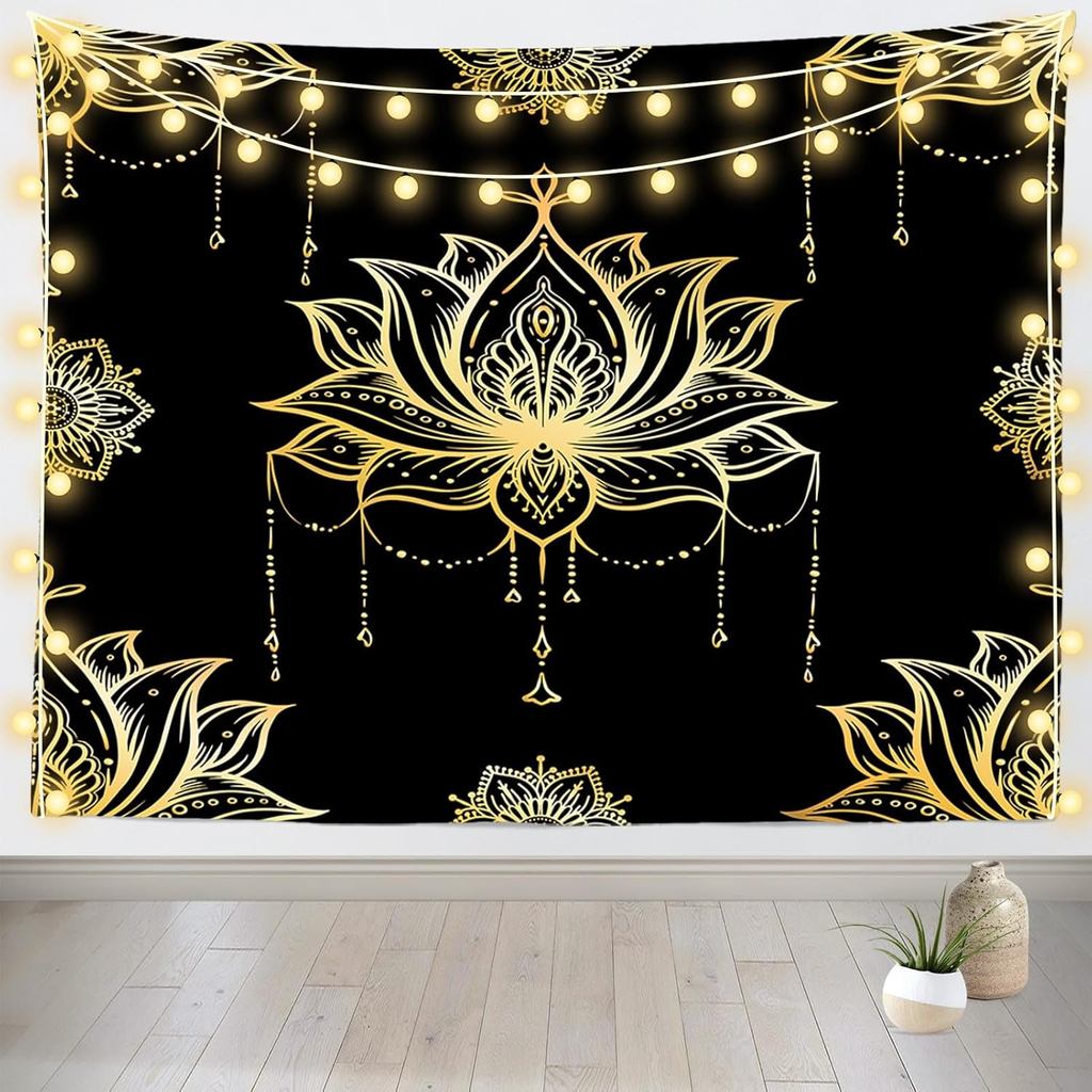 Black Gold Lotus Tapestry Spiritual Lotus Psychedelic Meditation Lotus Flower Wall Hanging Decor