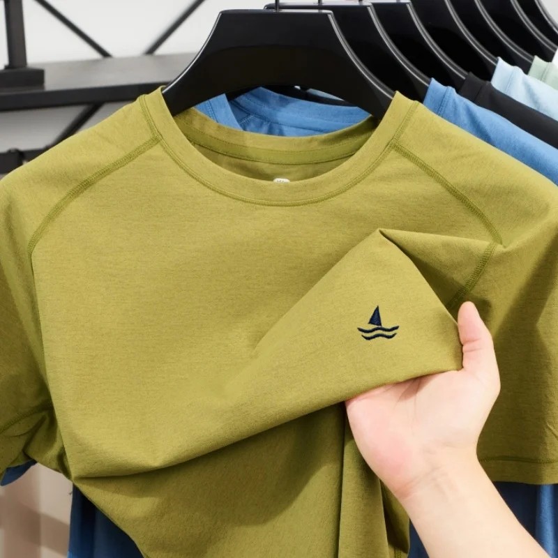 2026 Mens Summer New Sports Tshirt Ice Silk Speed Drying sailboat Embroidery Fitness Train ventilate