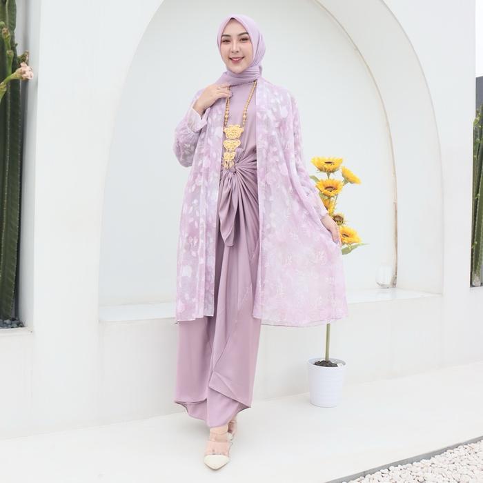 Leoni Set Kaftan Set Gamis Sutra Baju Pesta Mewah Pakaian Wanita Kekinian Kaftan Sutra Motif Muslim