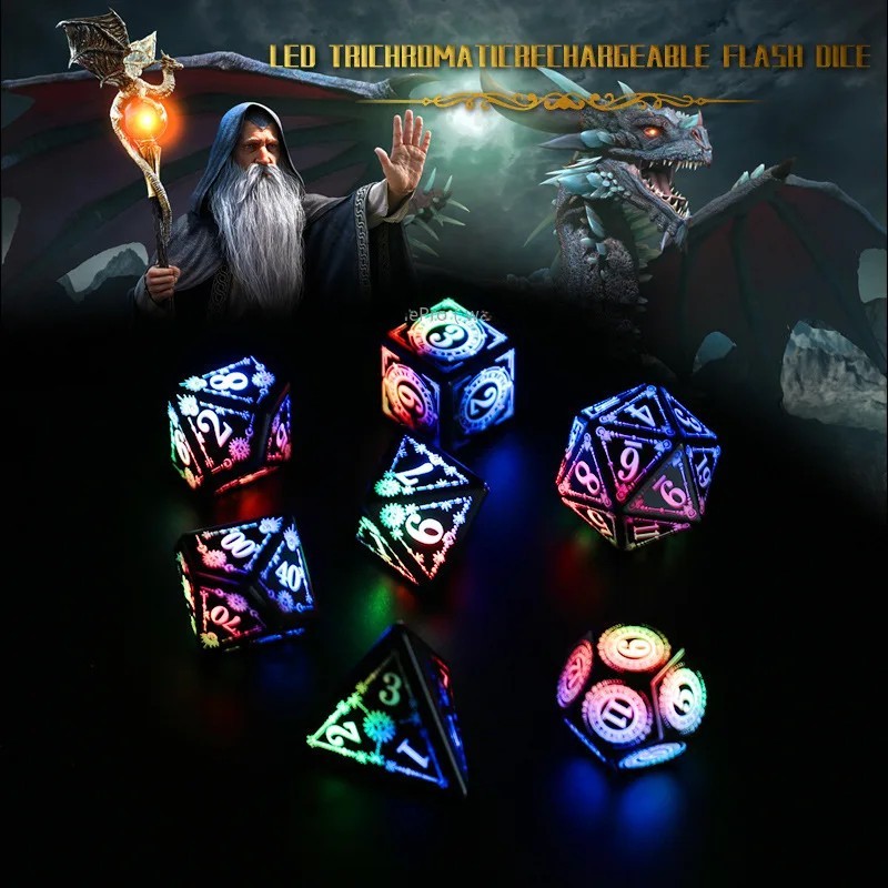 D&D LED Rechargeable Dice Set 7-Color Luminous Polyhedral DND Dice with Charging Box