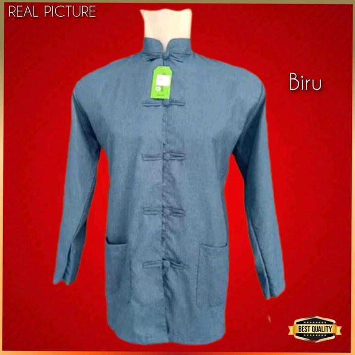 Atasan Cheongsam Pria Baju Cina Tradisional Kemeja Imlek Sincia Biru