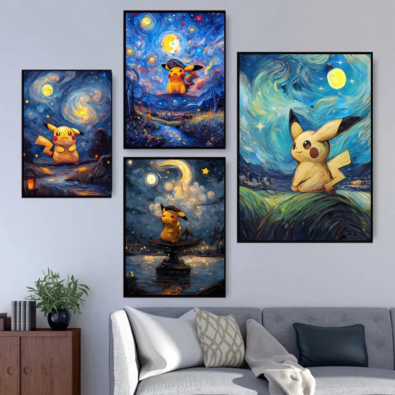 Classic Canvas Painting Pokemon Pikachu Anime Figures Van Gogh Poster Prints Hd Home Room Comics