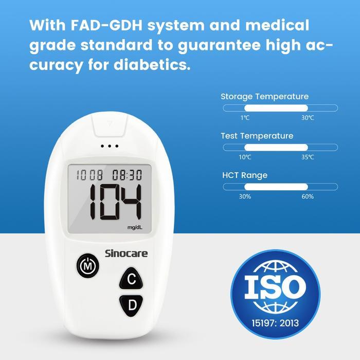 Sinocare Alat Tes Gula Darah Safe Accu Instant BGM 200 Memori HCT 30-60%