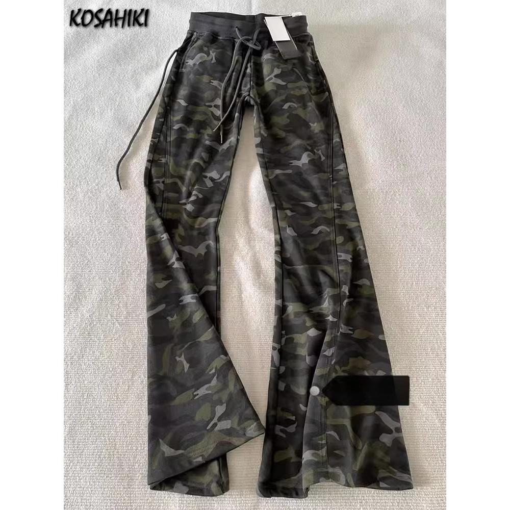 Y2k Aesthetic Grunge Camouflage Print Womans Pantalones Harajuku Drawstring Flare Pants Vintage