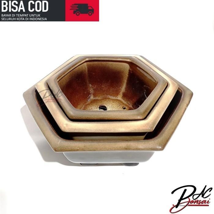 Pot Keramik Bonsai Sukulen Kaktus Bunga Segi Enam L