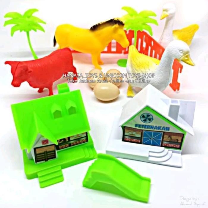 ` Mainan Hewan Hewanan Ternak Set Bebek Sapi Kerbau Kuda Bahan Plastik Warna - Mainan Anak Laki Laki