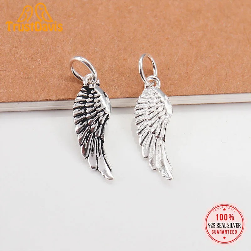 TrustDavis Real 925 Sterling Silver Fashion Angel Wings Charm Pendant Handmade DIY Accessories Fine