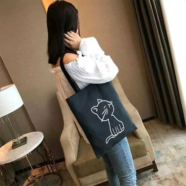 Tote Bag Resleting The Cat Tas Sekolah Kuliah Kulit PU