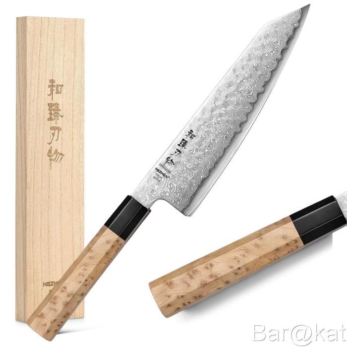 HEZHEN Bunka Knife Japanese Aogami Blue Steel No.2 Damascus, Octagonal Handle Chef Knife