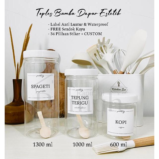 Toples Plastik Bumbu Dapur Estetik Tutup Putih 600 ml - FREE Stiker & Sendok Kayu