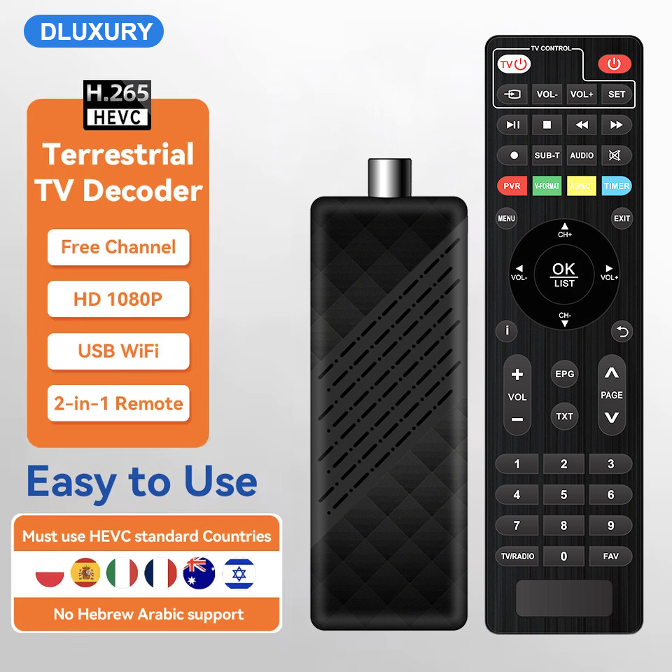 Dluxury New DVB T2 DVB C H.265 Digital TV Decoder HD Free TV Channels 7Days EPG TV Tuner TV STICK