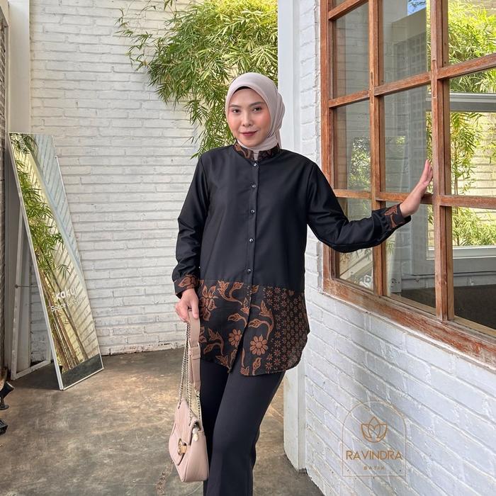 PROMO BATIK RAVINDRA Blouse Batik Anjani Kombinasi Katun Polos Kancing Depan TERBARU