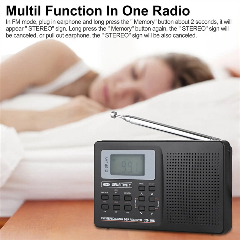 ABAC-Mini Radio FM/AM/SW/LW/TV Sound Full Band Receiver Pocket Portable Alarm Clock Stereo Radio