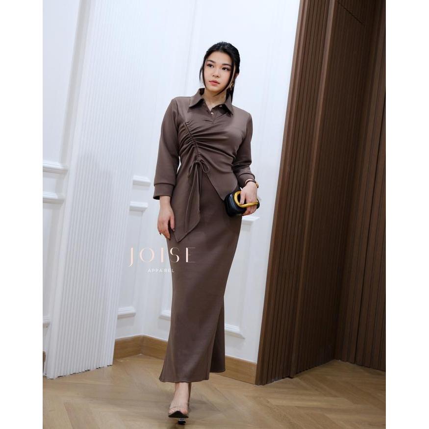 Joise - Lara Asymmetric Long Dress / Dress Tali Serut Panjang Kancing Maxi Casual Polos Stretch