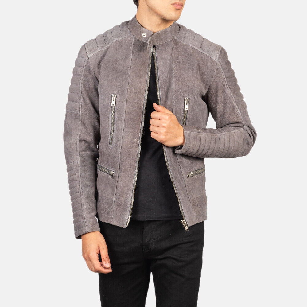. Man Genuine Leather Jacket For Men Gray Suede Leather Biker Coat -