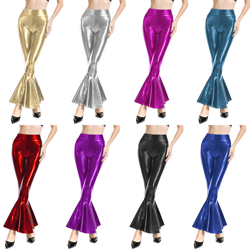Sexy PU Leather Metallic Pants Shiny Flare Pants Clubwear Stage Performance Women Bodycon Elastic