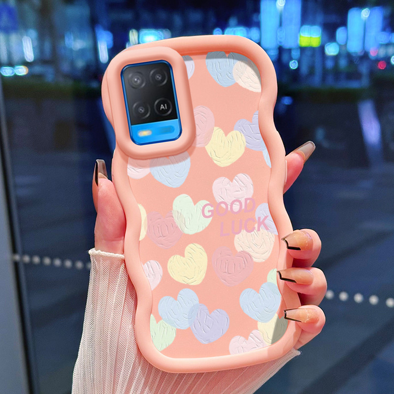 Casing Hp Untuk OPPO A54 Case Hati krim biru muda Cesing Polos Kasing Macaron gelombang Kesing Silik