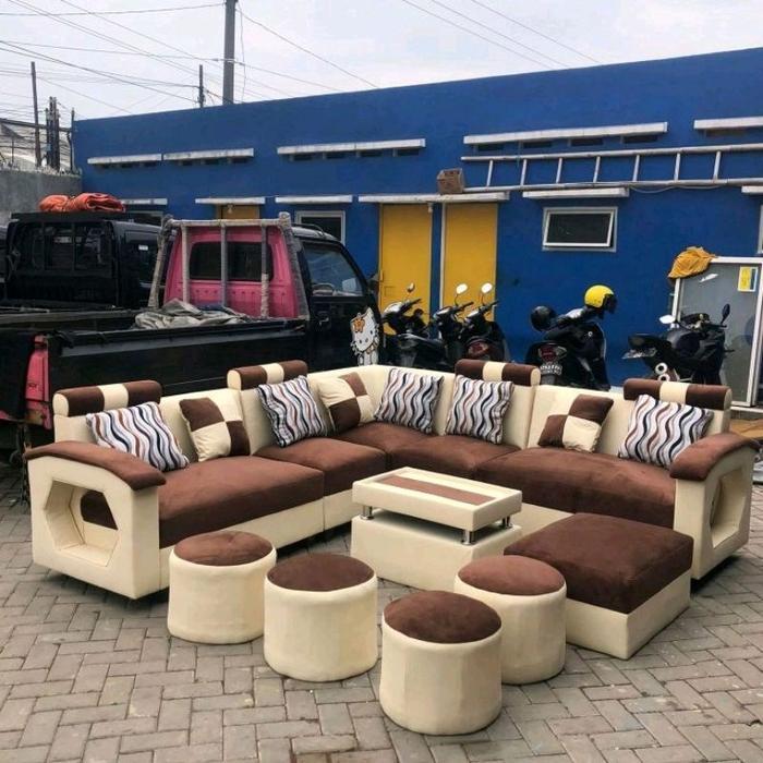 Sofa Eksklusif Sudut Jumbo U + Puff Davinci Minimalis + Meja (Promo Harga) - Cream + Cokelat, Jumbo