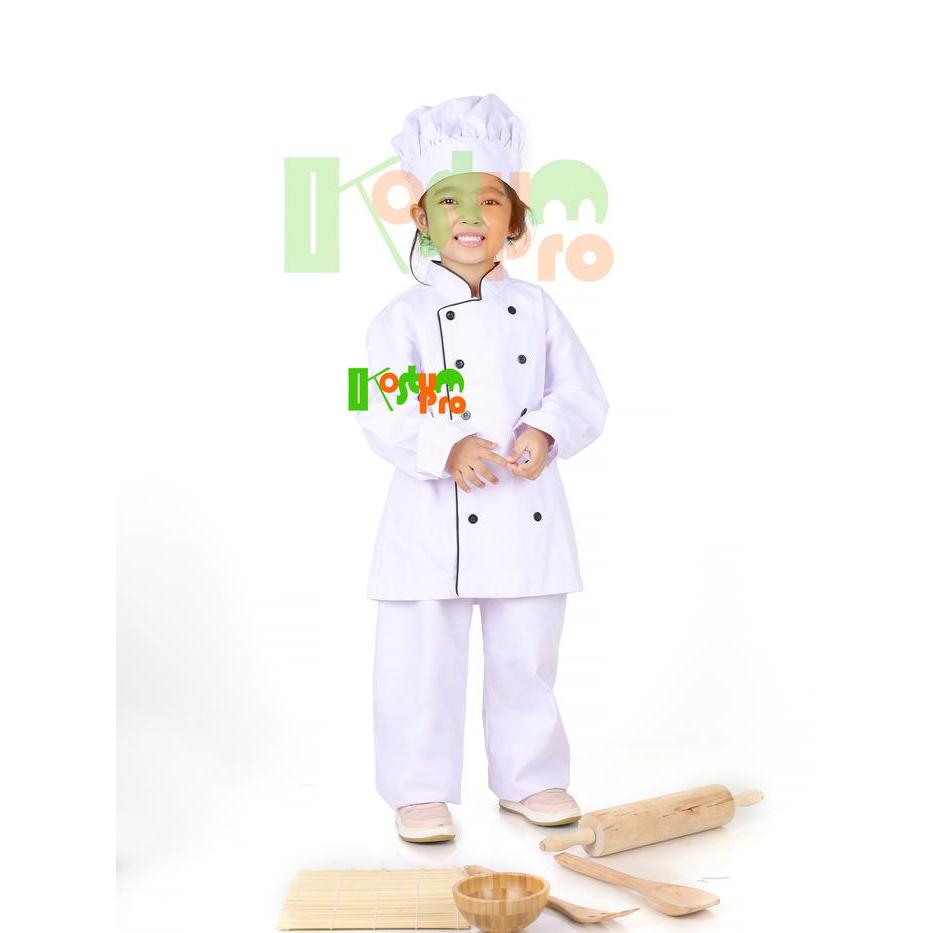 TERBARU KOSTUM KOKI / BAJU KOKI + CELANA + TOPI ANAK UK 3-10 TAHUN TANGAN PANJANG PUTIH LITTLE CHEF