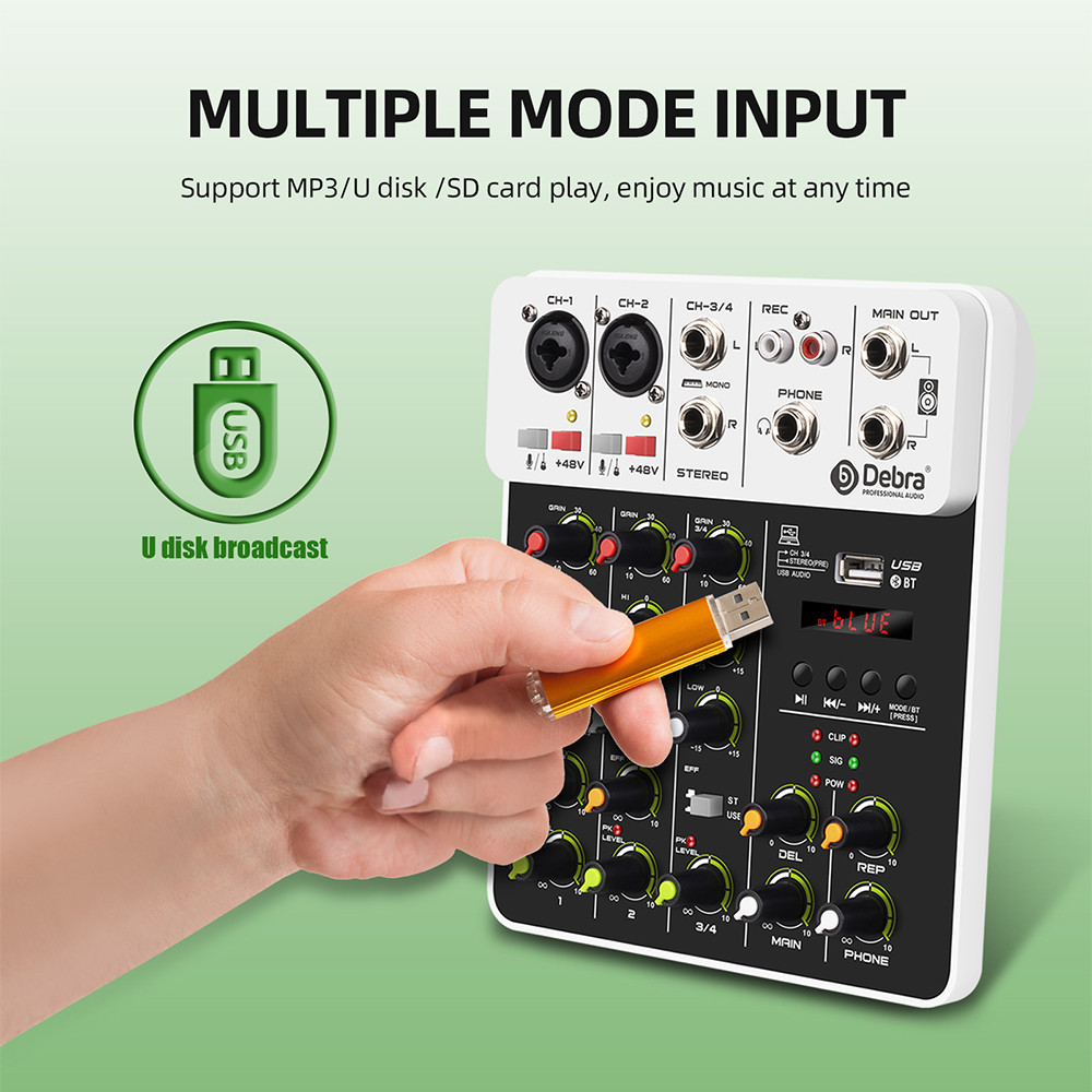 . Debra V4 4 Channels Audio Mixer With Bluetooth Usb 48V Phantom Power -