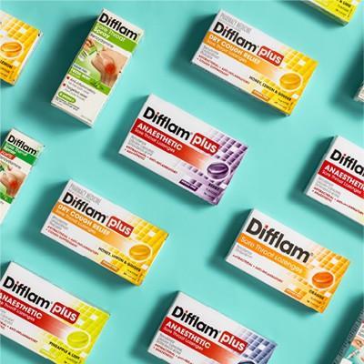 Permen Difflam Plus Triple Action Sugar Free - 16 Lozenges Nyeri Tenggorokan Sariawan Batuk Pasti