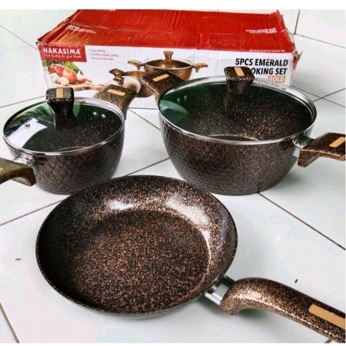 Hakasima Set Masak 5PCS Emerald Gold - Panci & Wajan Anti Lengket untuk Memasak Lebih Mudah dan Aman