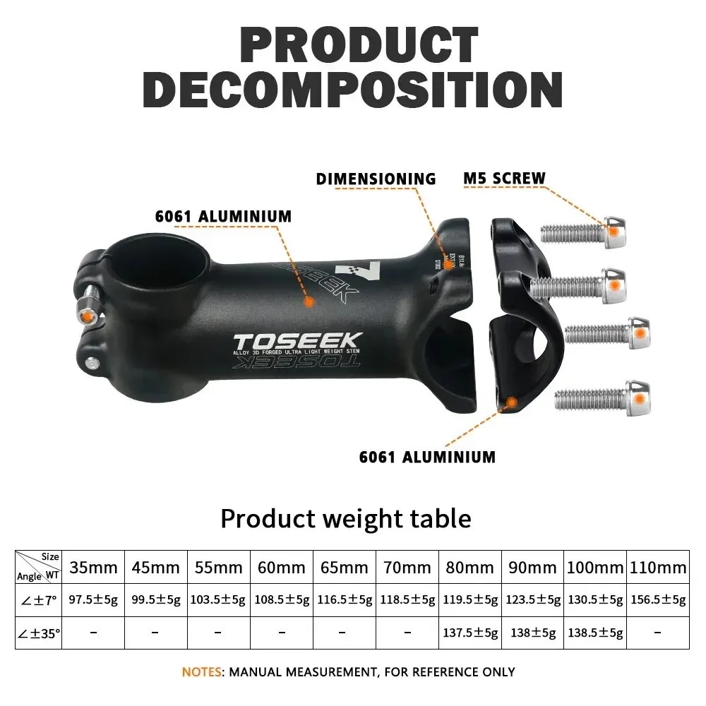 TOSEEK Bicycle Handlebar Stem 60/70/80/90/100mm MTB Stem 28.6mm 31.8mm Negative Power Mtb
