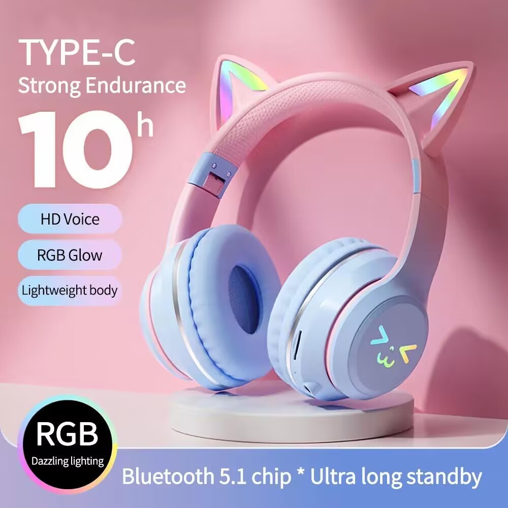 RGB Luminous Cat Ears Wireless Bluetooth Headphones With Microphone Headset Gamer Girl Call Noise