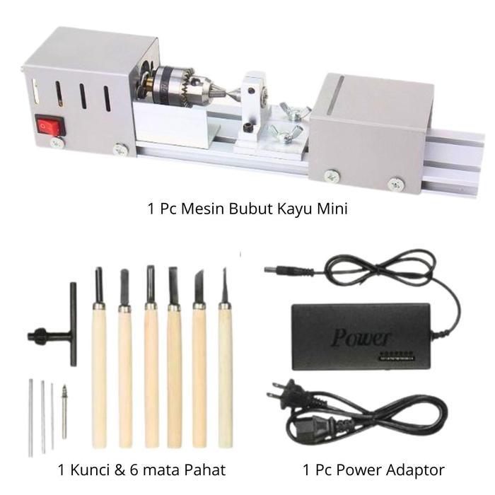 AMRSHOP17 MESIN BUBUT MINI LATHE WOOD METALWORKING DIY 96W SERUT PORTABLE 6 PISAU PAHAT DAN ADAPTOR