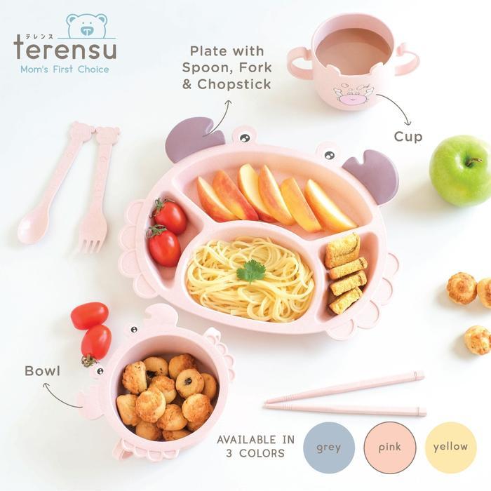 Promo Terensu Piring Makan Anak + Sendok Garpu Sumpit Motif Kepiting Set Perlengkapan Makan Original