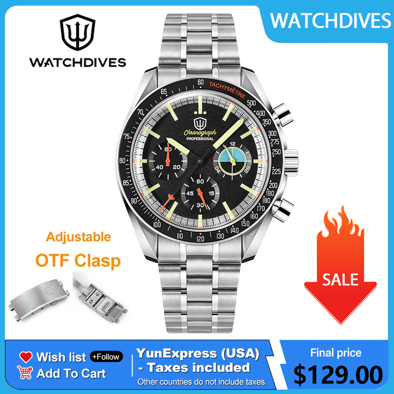 Watchdives WD1863 39mm VK63 Chronograph Watch Vintage Stainless Steel Sapphire OTF Clasp Waterproof