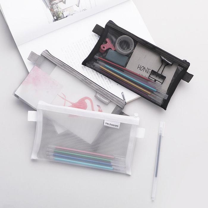 "New" [MILOLI] Kotak Pensil HE CHOOSES SIMPLE Pouch Transparant Portabel Tempat Pensil Jaring