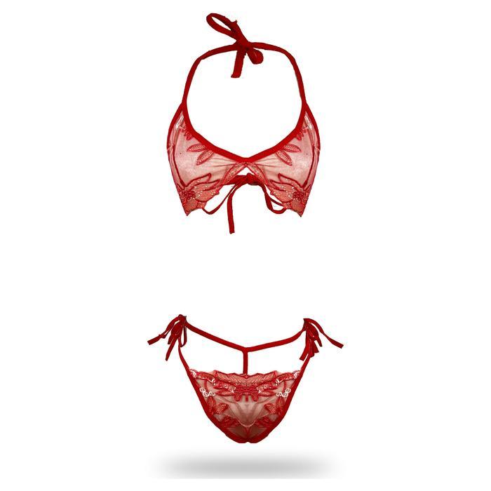 [ RedPink ] Lingerie Stelan Bikini Seksi Transparan Wanita Dewasa Corak Bunga Bordir Sifon Good