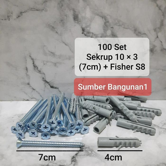 Terlaris Sekrup FH 10 x 3 + fisher skrup tanam tembok S8 8mm putih 7cm 7 cm SALE