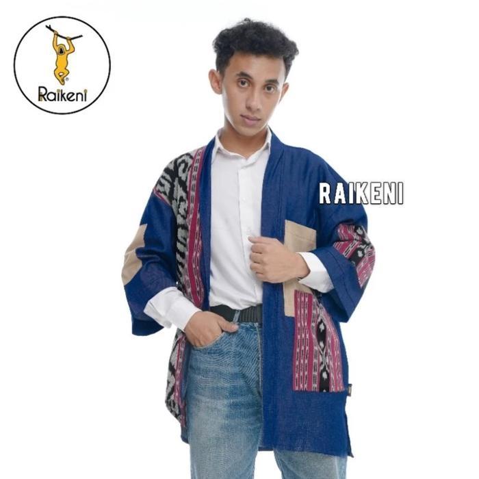 RAIKENI Kimono Jiinzu Outer Jepang Jeans Kimono Jeans Tenun Batik Unisex Outer Kimono Jepang Jeans
