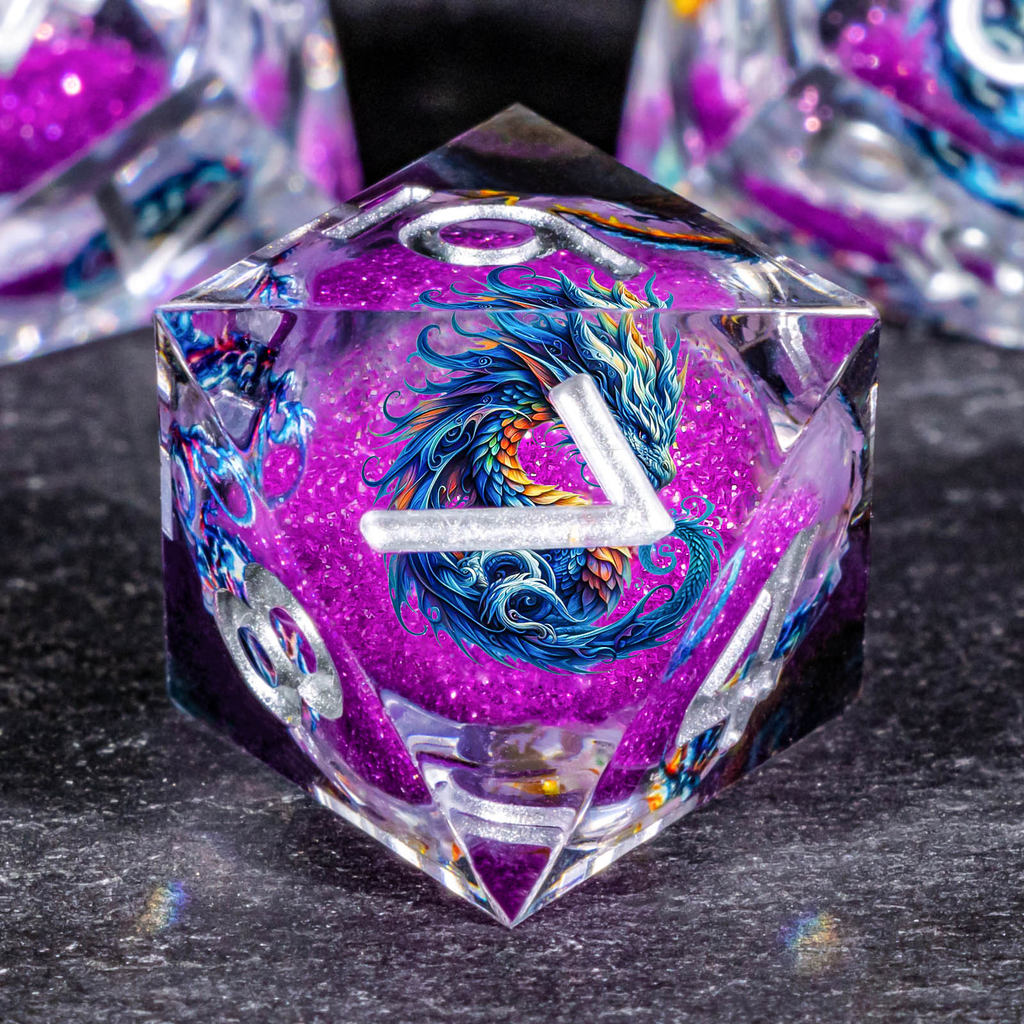 DND Dragon Liquid Core Dice Set, 7Pcs Sharp Edge Dice Set Dungeon and Dragon, Purple Handmade Resin