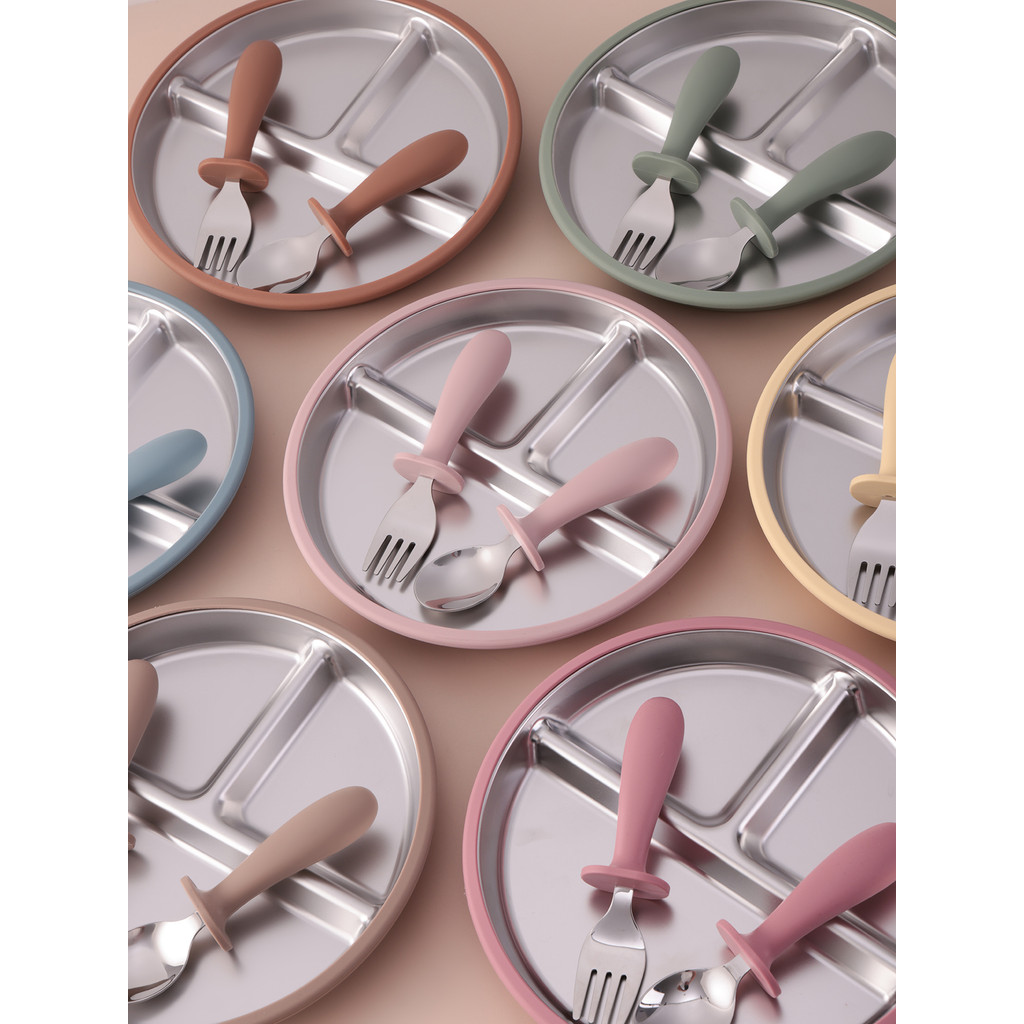 3PCS Stainless Steel Dishes Plate Baby Feeding Bowl Detachable Suction BPA Free Silicone Training