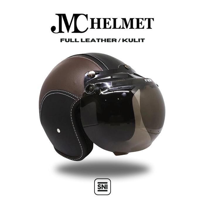 Helm Bogo Retro Cokelat Tua Full Leather/Kulit Kaca Polos Biasa SNI Pria/ Wanita