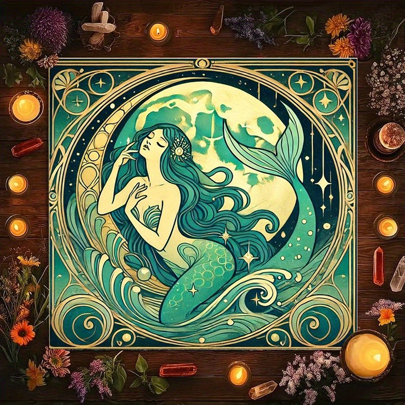 VIKAMA Moon Sea Mermaid Tarot Card Altar Cloth Art Nouveau Style Ocean Energy Divination Mat