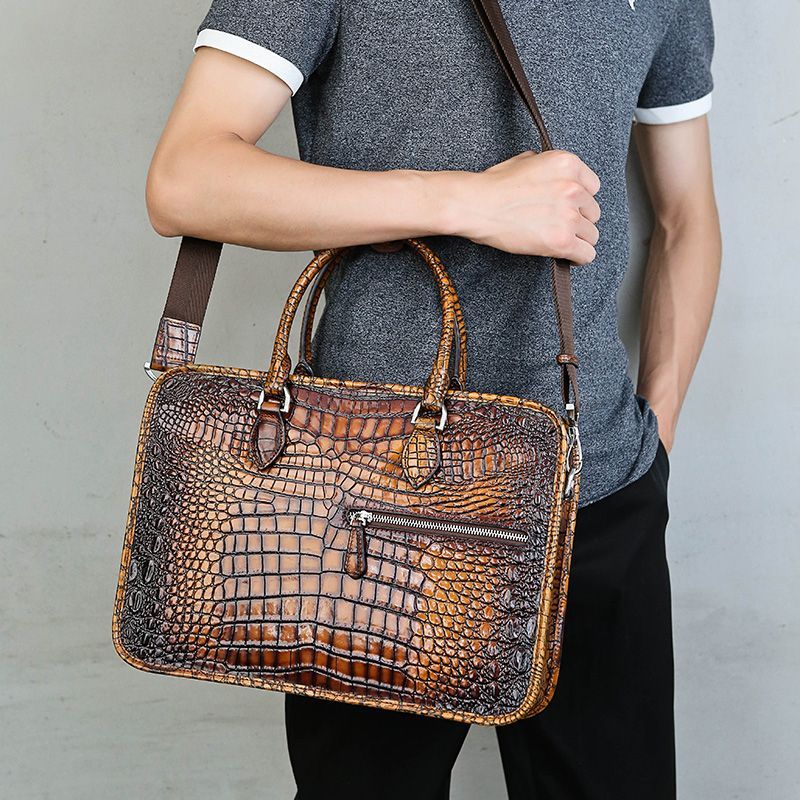 . Fashion Alligator Men'S Briefcase Crocodile Pattern Cow Leather -