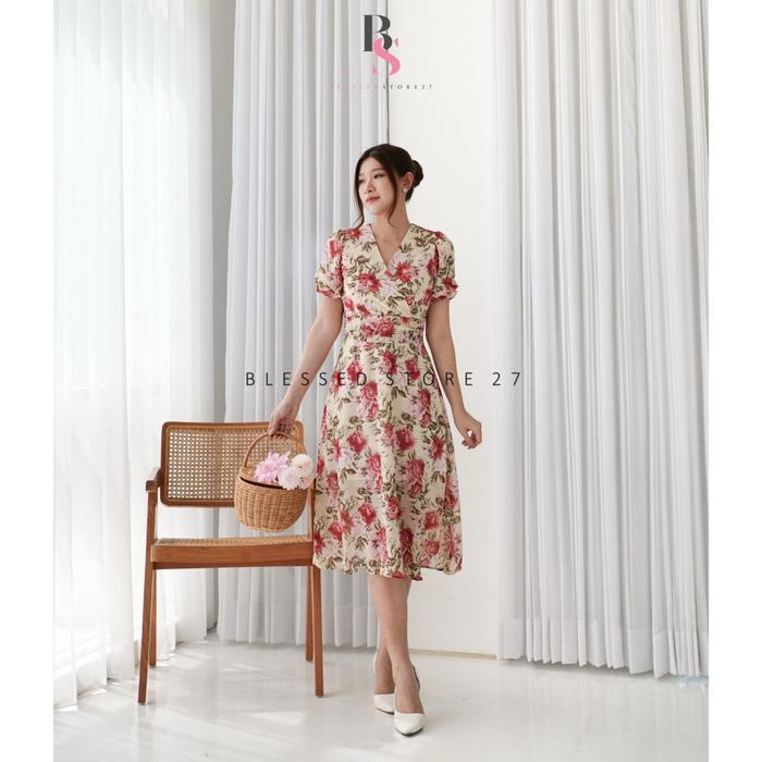 DresQuu- D0415 Mars Korean Style Floral Vintage Midi Dress Summer Bunga Simple Pantai Garden