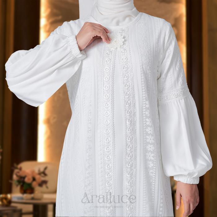 Aralluce 020 Gamis Brukat Putih Wanita Elegan Dress Muslim Kondangan Putih Mewah Dan Simple Wudhu