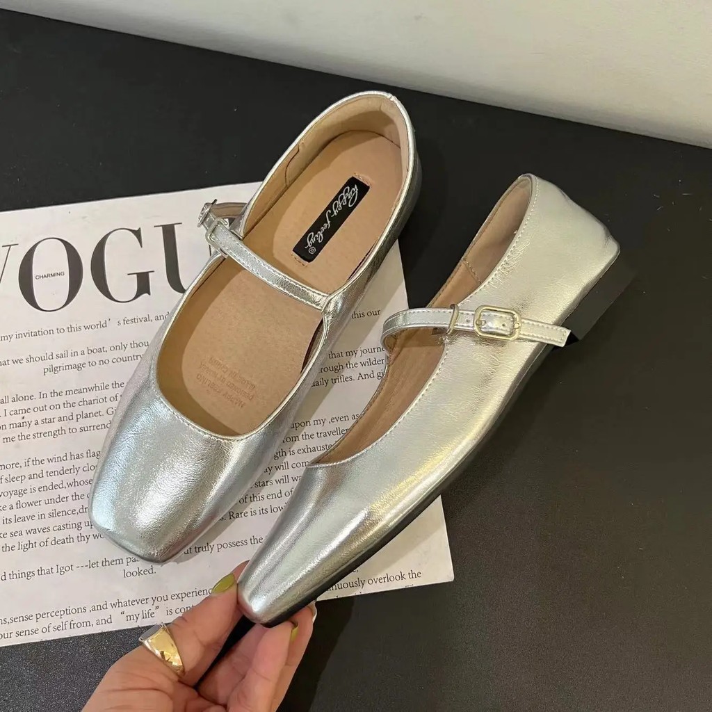 Silver Ballet Flat Sandals Women's Slip-On Mary Jane Covered Toe Half Slip Summer Shoes Korean Style