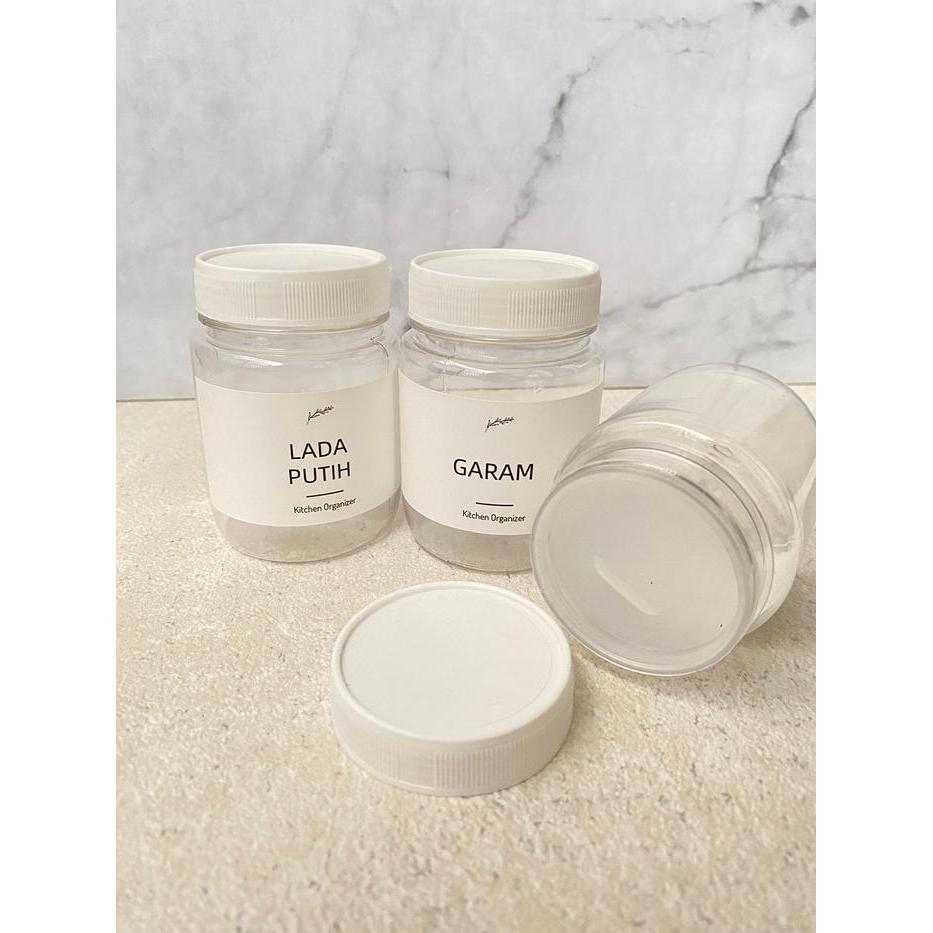 WHT NW LABEL Toples tempat bumbu dapur estetik BULAT 200ml free label dan free sendok