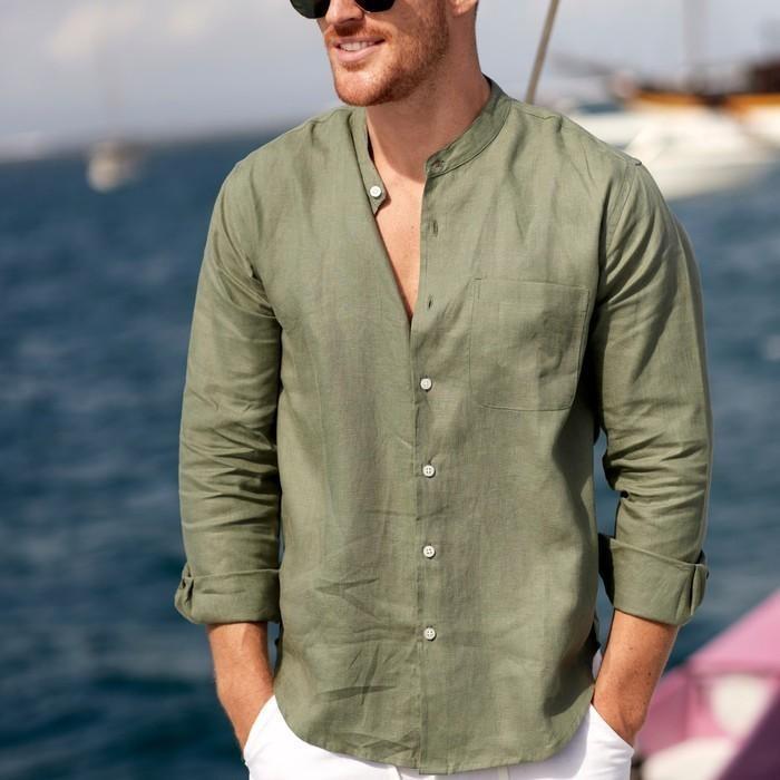 Remedy Kemeja Linen Pria Lengan Panjang Casual Warna Hijau Kerah Koko Shanghai - Kintamani Linen