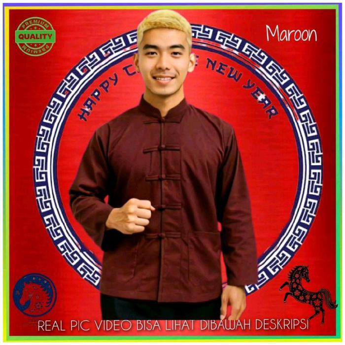 Kemeja Cheongsam Pria Baju Imlek Maroon