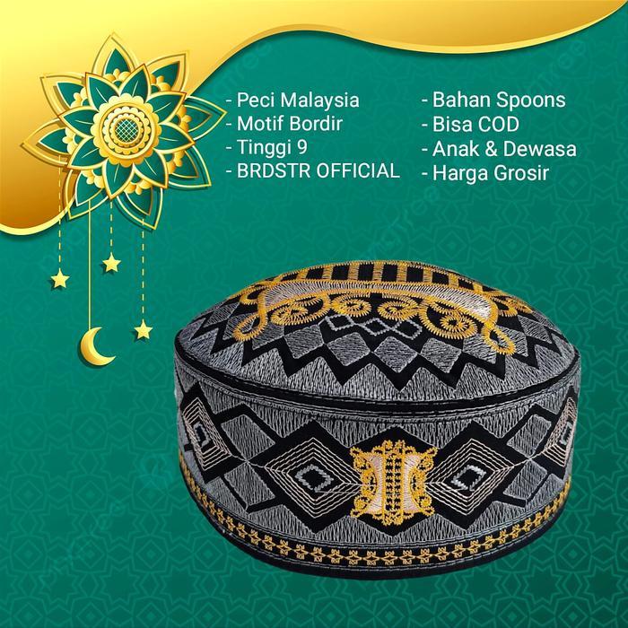 ASLI Peci Terompah Kopiah Varian Hitam Motif Bordir Abu Hitam Kuning Tinggi 10 cm Murah Peci