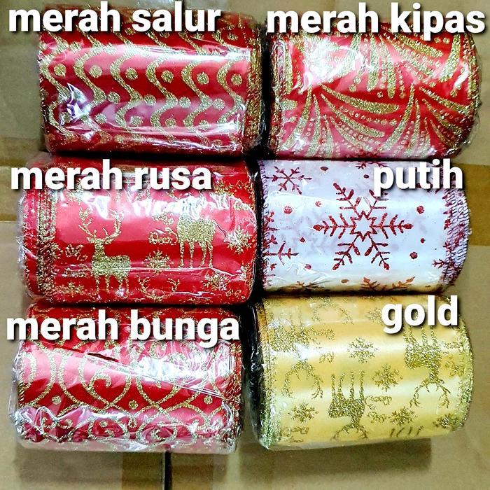 Pita Natal Kawat 10 cm Pita Kain Ornamen Merry Christmas Murah Grosir