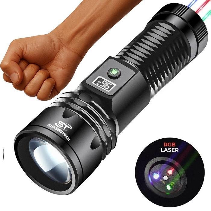 Senter Terang LED Jarak Jauh Dan Jarak Dekat 5 Mode Terdapat Laser 3 Warna Bahan Aluminium -0210